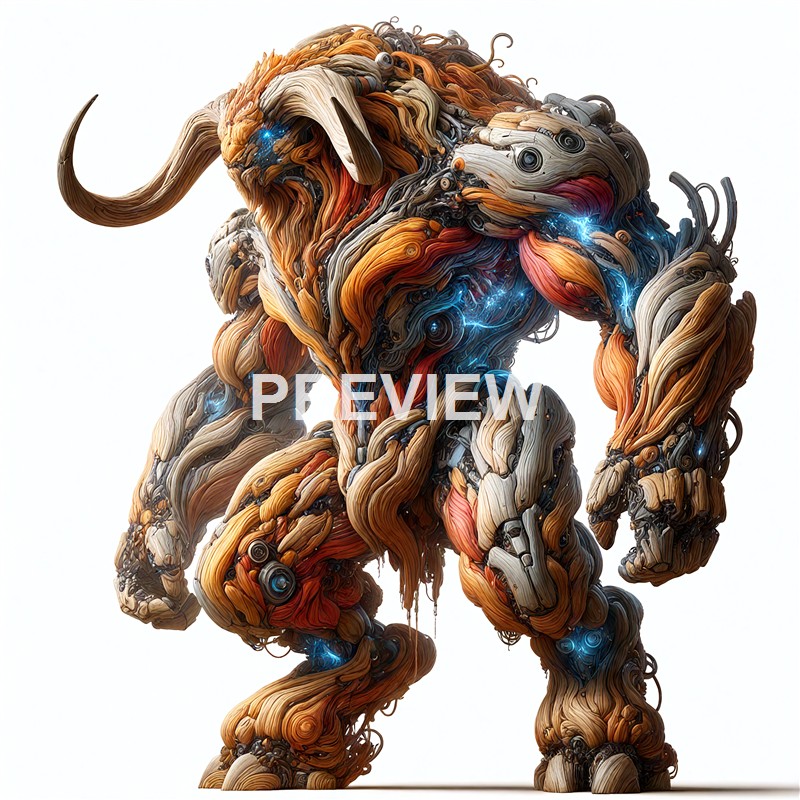 A highly detailed, robotic interpretation of a muscular creature resembling a minotaur, composed of intertwined metallic, wooden, and organic elements with glowing blue accents.